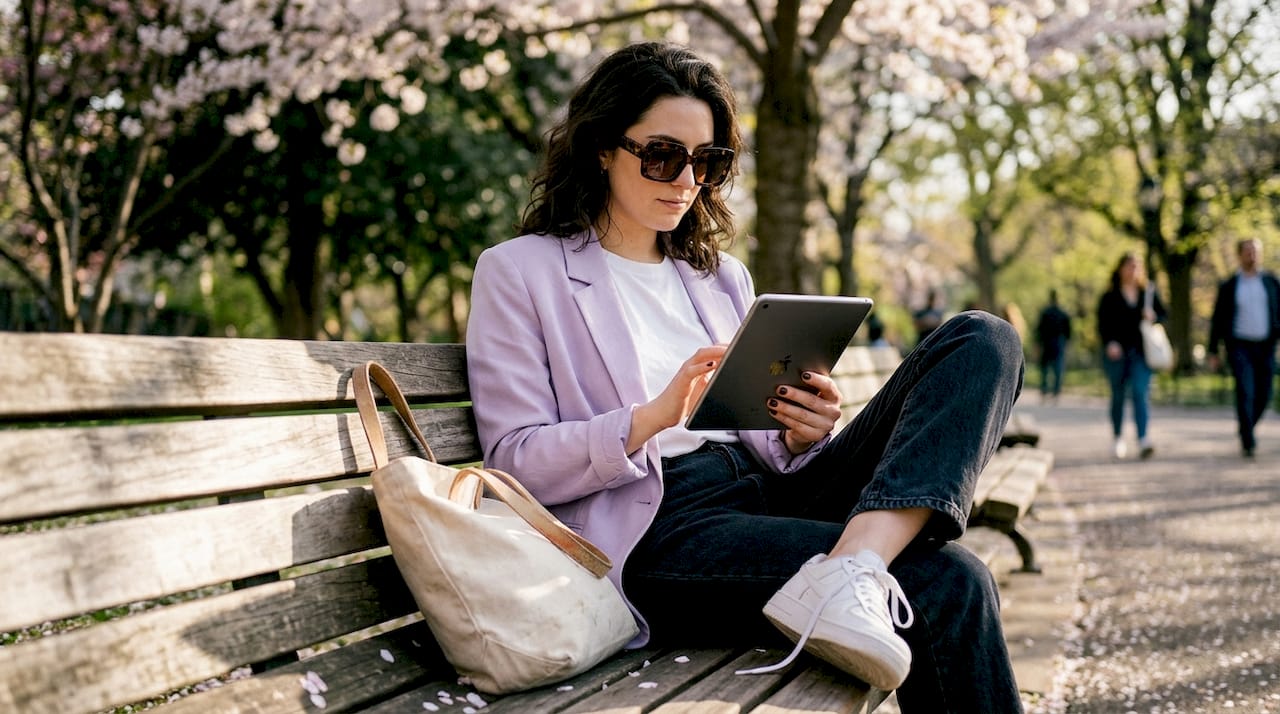 Woman wears oversized sunglasses in spring park
