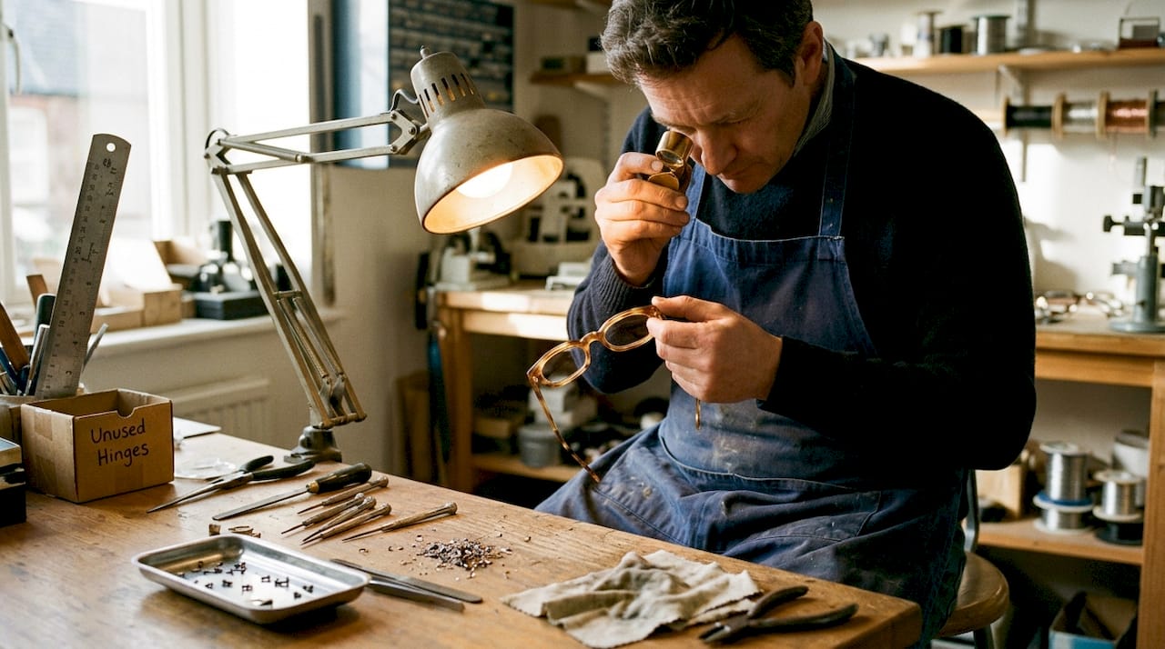 Artisan inspecting acetate eyewear frames