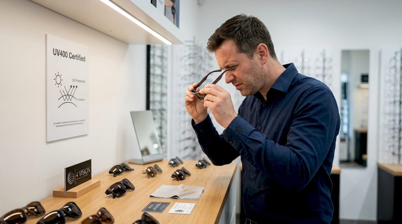 Man inspecting sunglasses certification label