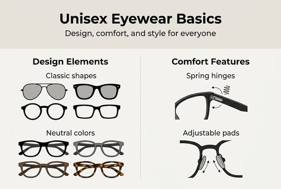 Infographic summarizing unisex eyewear design and comfort