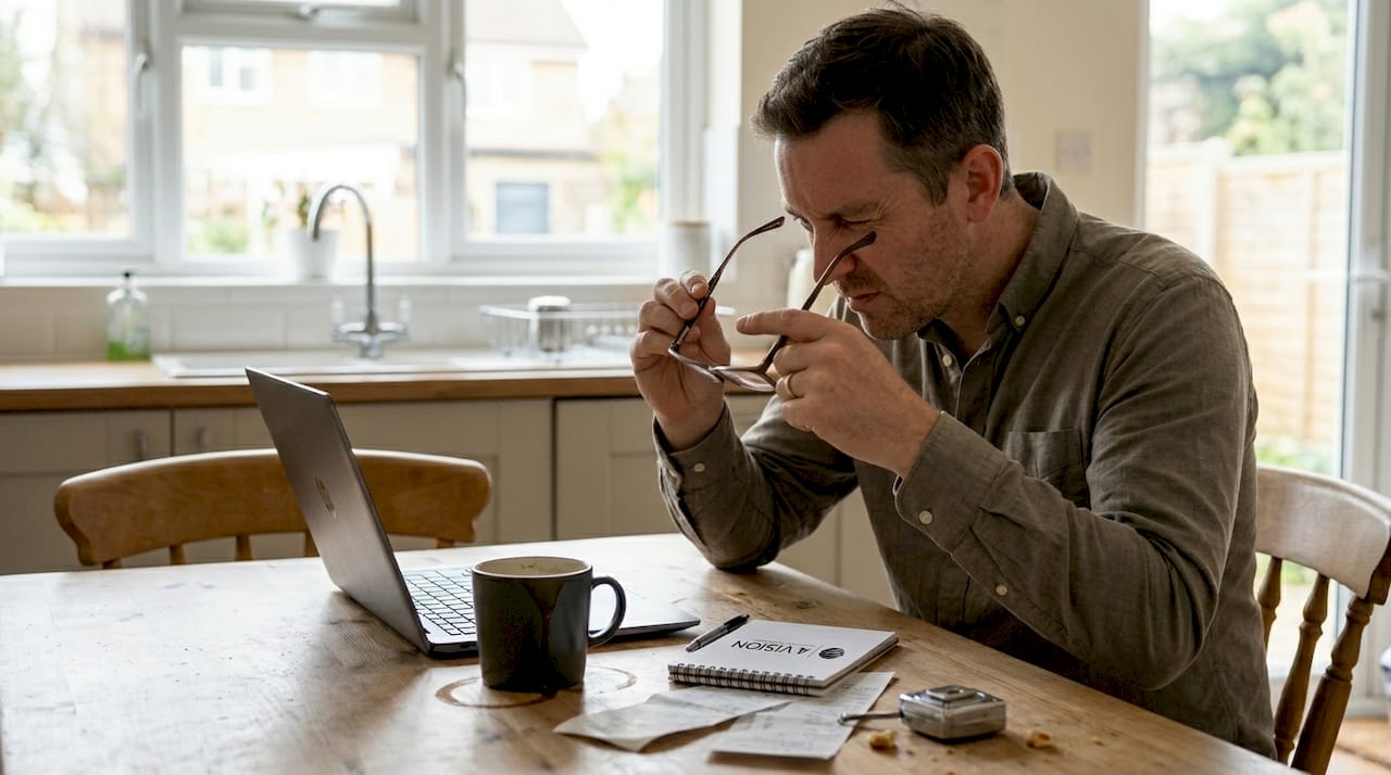 Man checking glasses fit at kitchen table