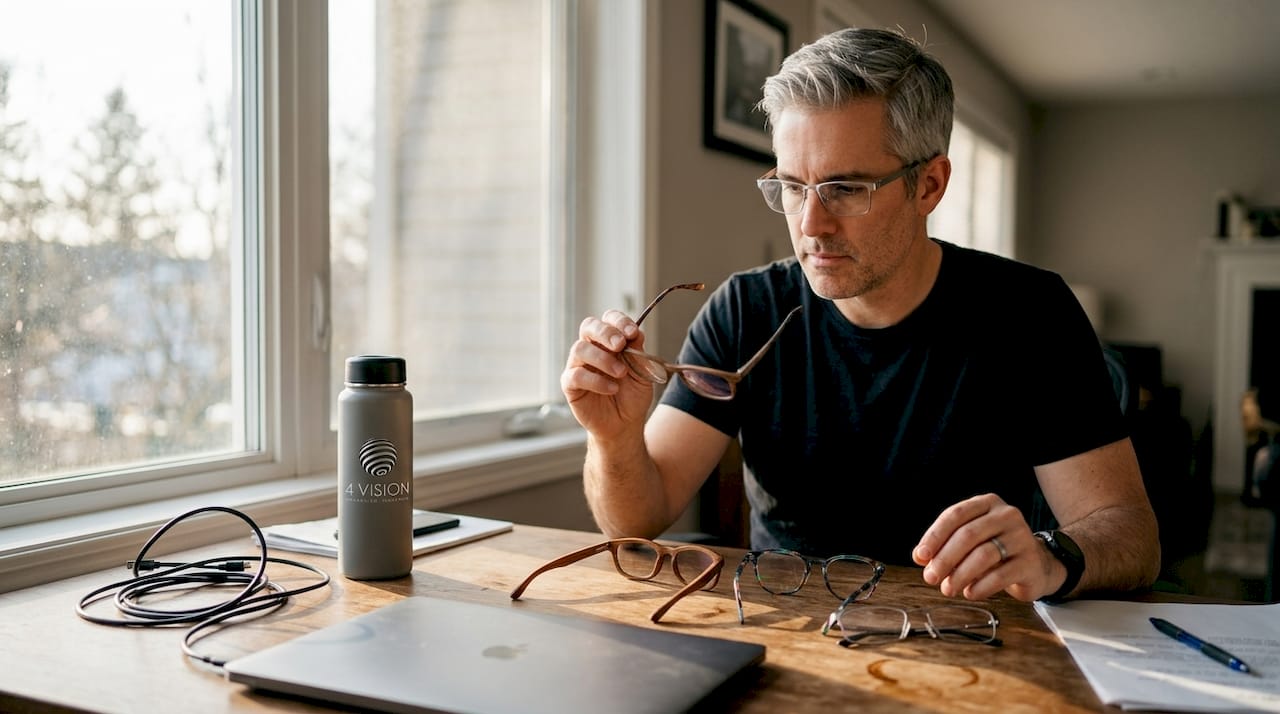 Man comparing eco-friendly glasses frames
