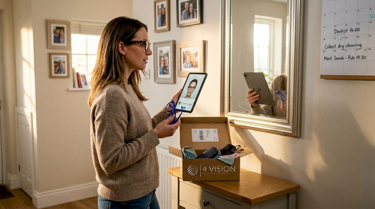 Woman using mirror and tablet to choose glasses