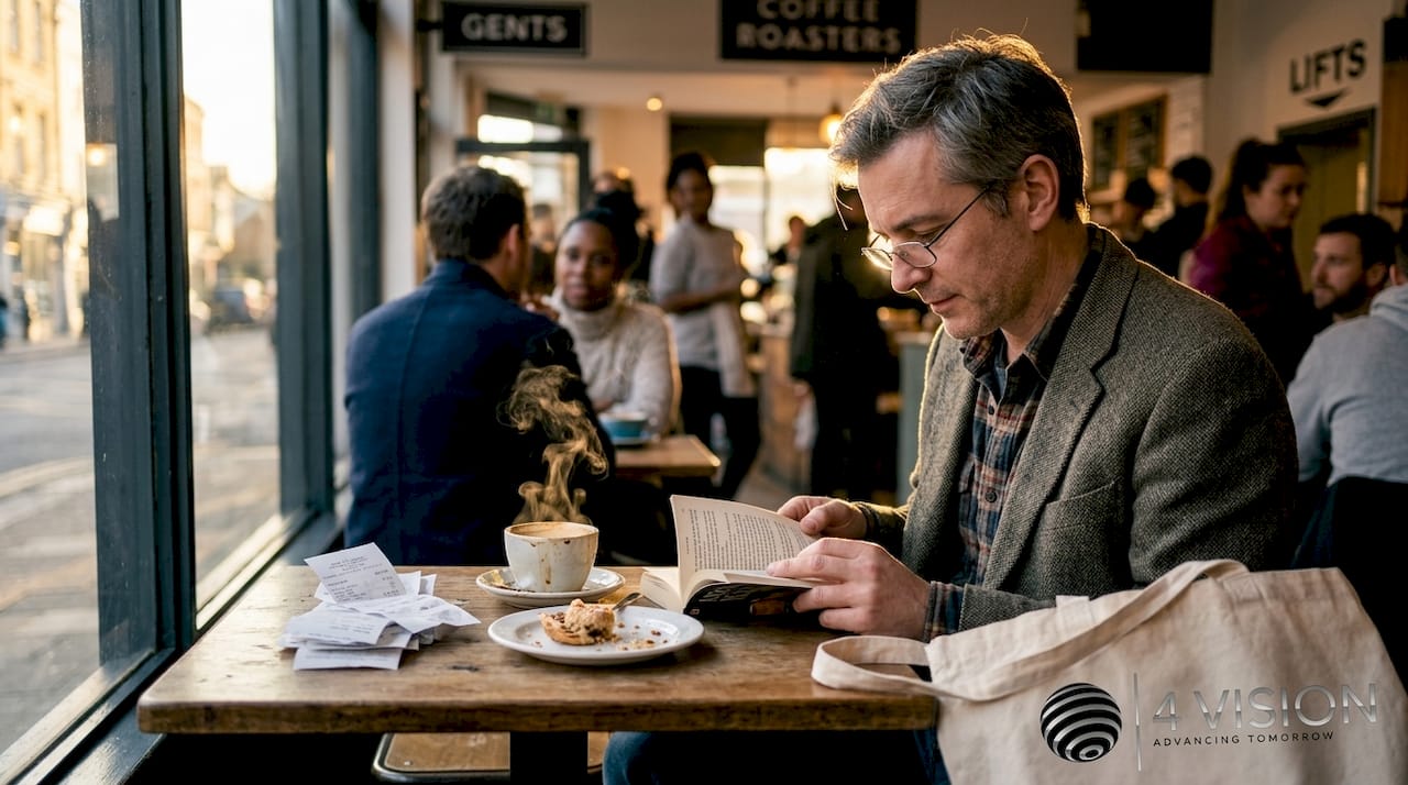 Man reading with comfortable glasses in café