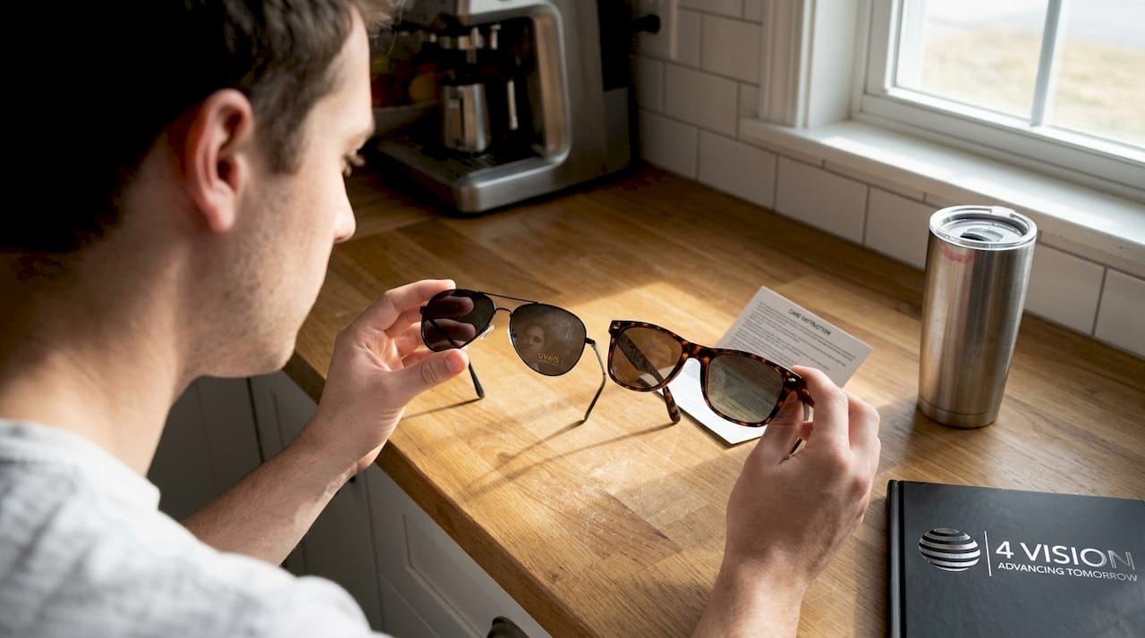 Man comparing labeled and unlabeled sunglasses at home