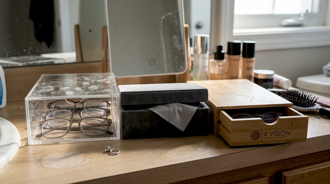 Three eyewear organisers of different materials