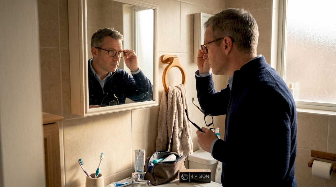 Man choosing reading glasses in bathroom mirror
