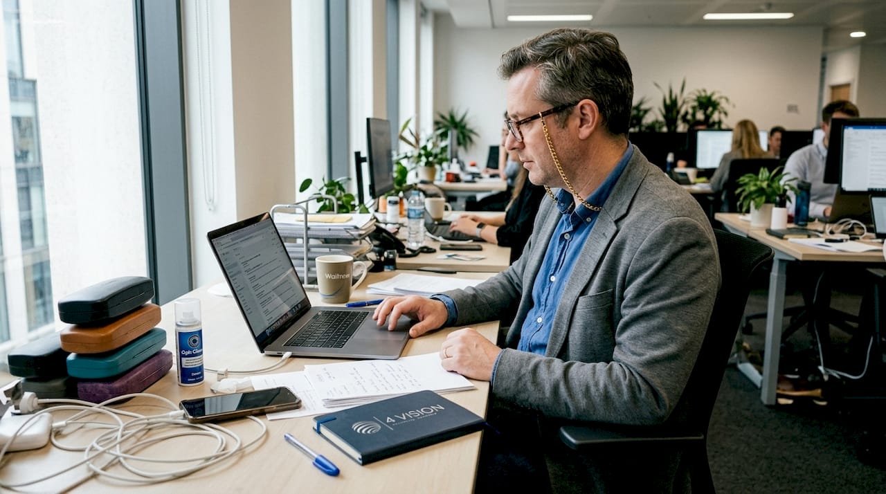 Man wearing chunky glasses chain in workspace