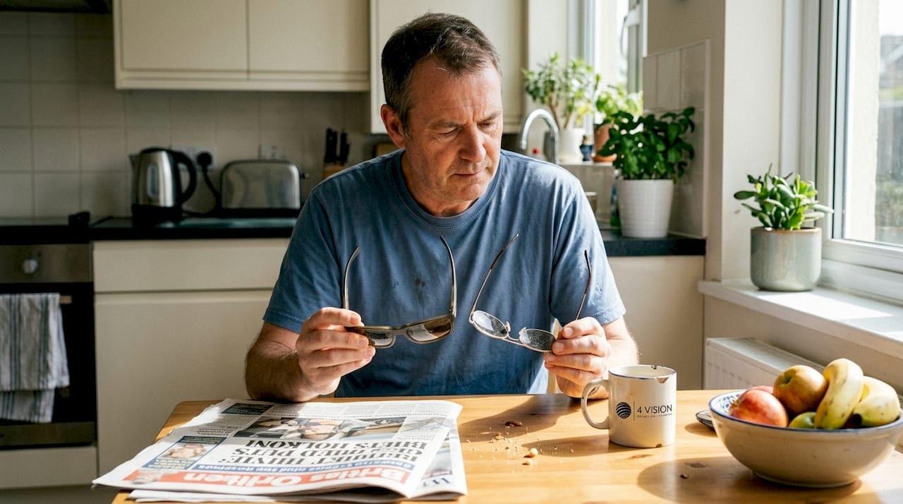 Man comparing sunglasses at kitchen table