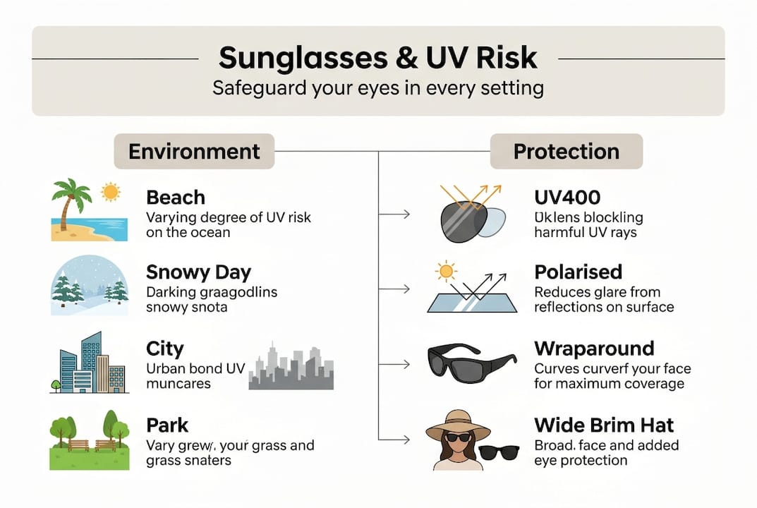 Infographic shows environments and recommended sunglasses protection