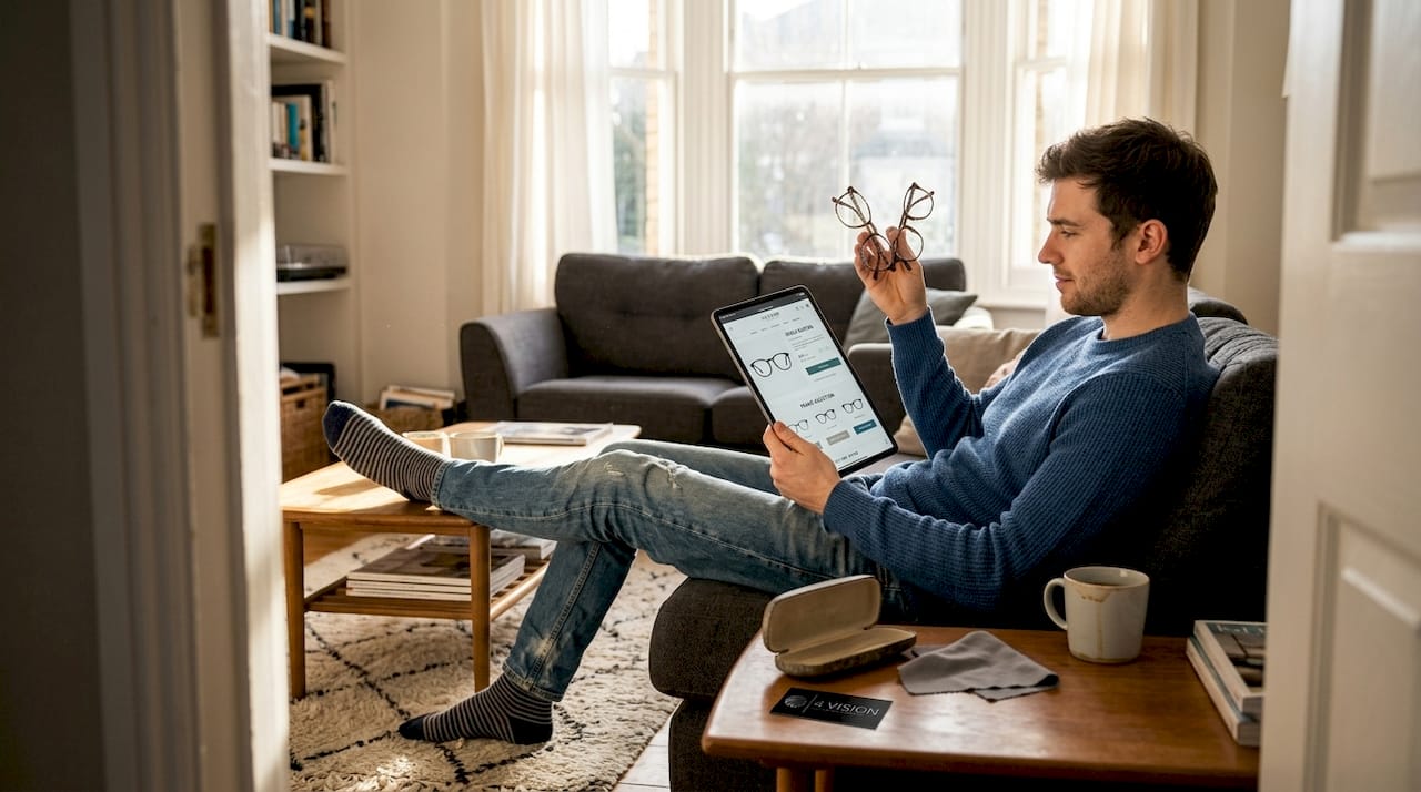 Man comparing glasses at home on tablet