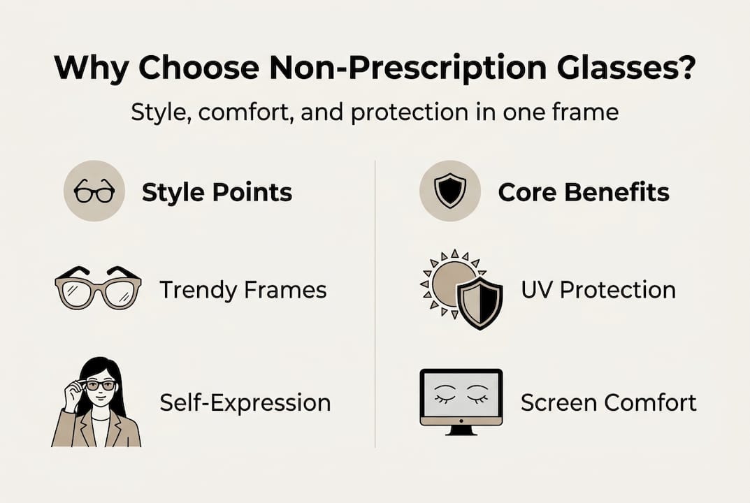 Infographic summarising style and benefits of glasses