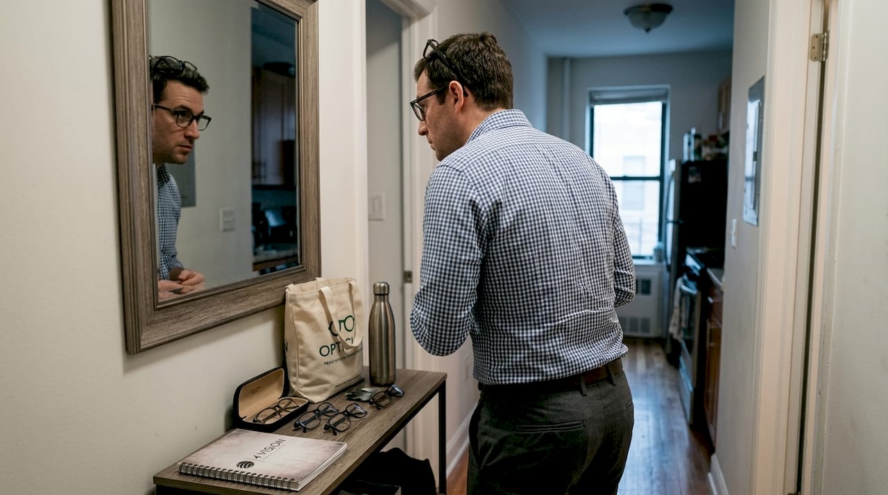 Man comparing stylish eyewear in mirror