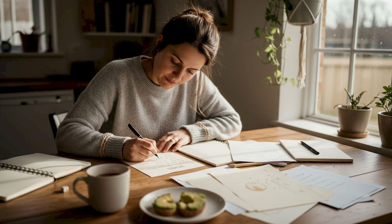 Woman writing wedding vows at kitchen table