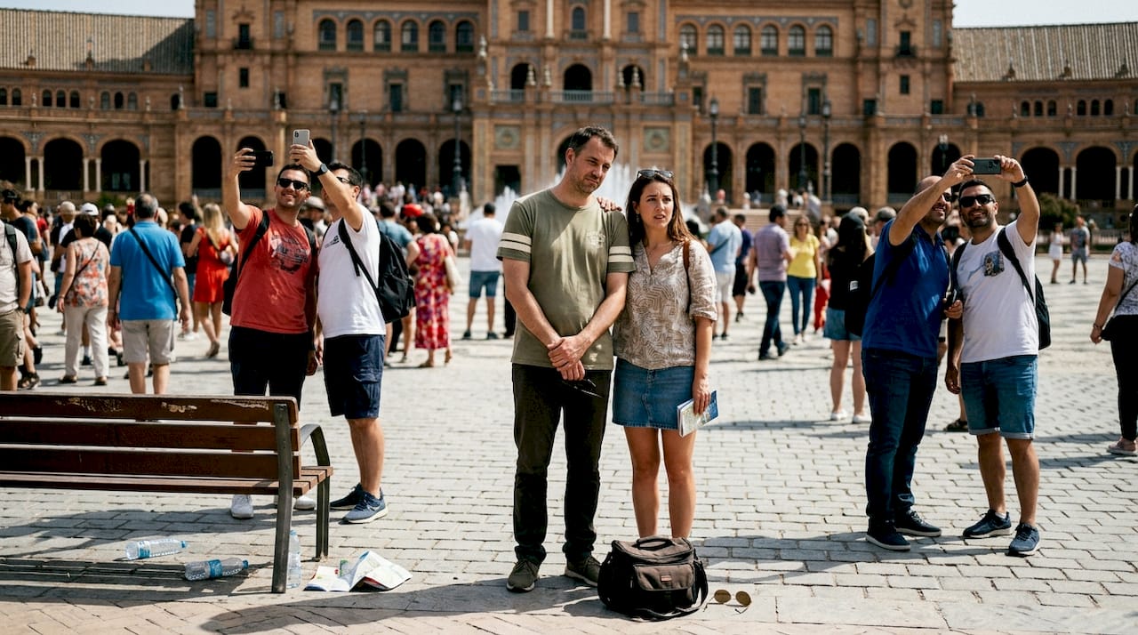 Couple surrounded by crowds at Spain landmark