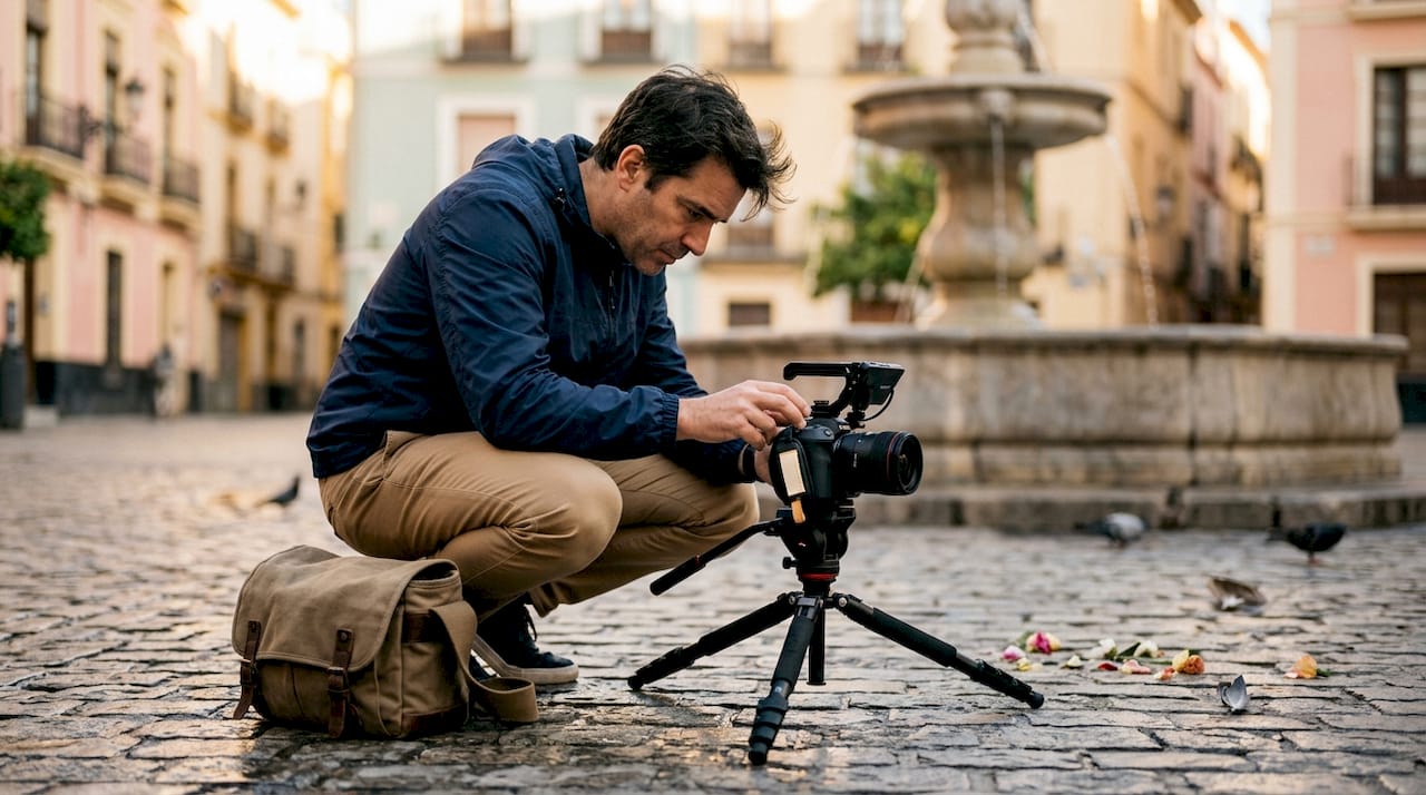 Videographer adjusting camera in Spanish square
