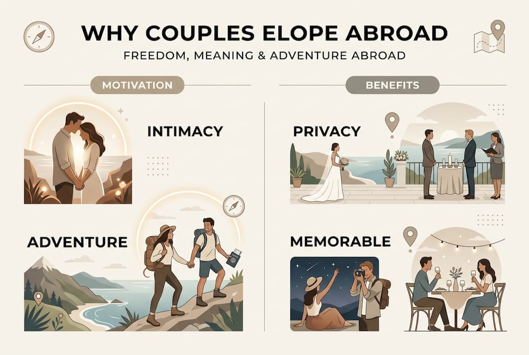 Infographic showing elopement motivations and benefits