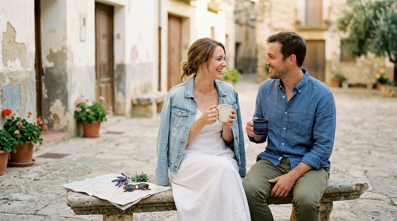 Couple sharing coffee in Mediterranean morning light