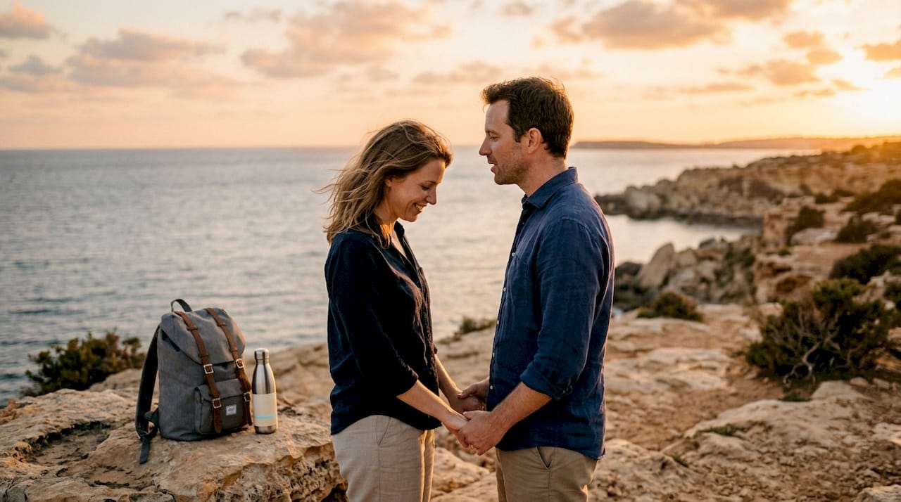 Couple exchanging vows above sunset sea