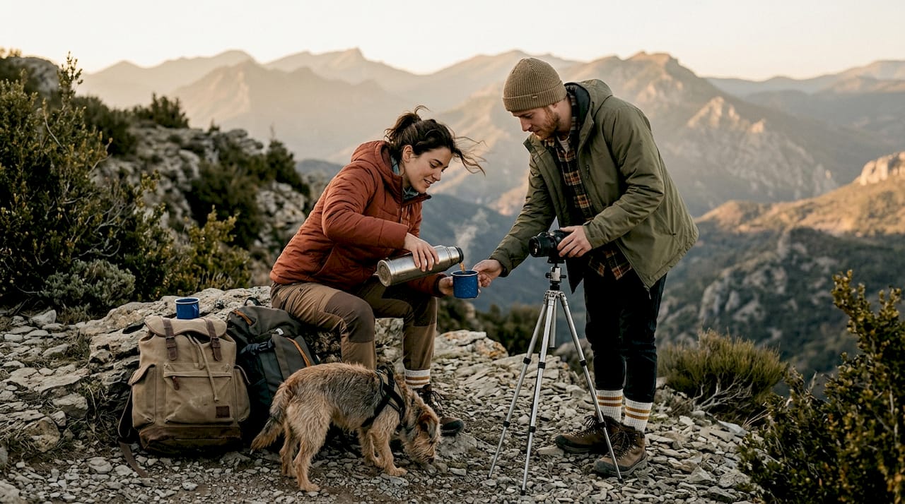 Couple sets tripod at mountain overlook Spain