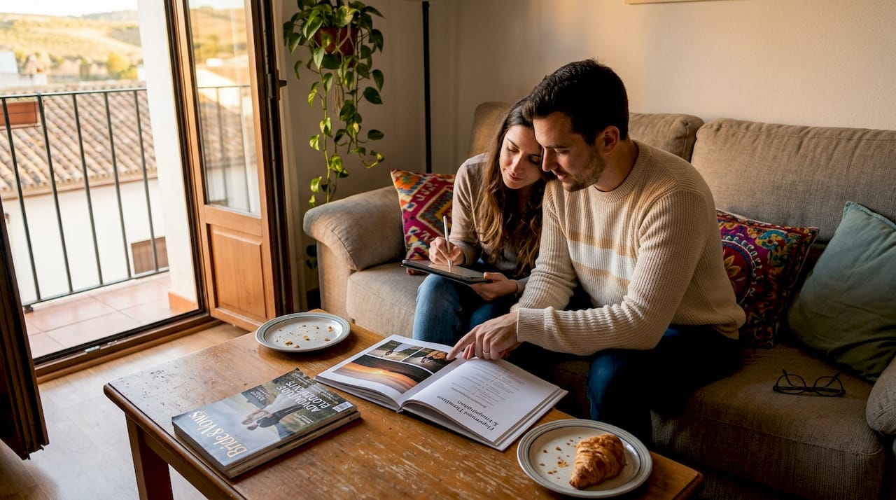 Couple planning elopement on living room sofa