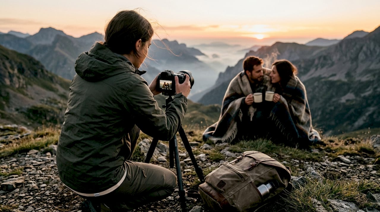 Videographer filming couple on sunrise mountaintop