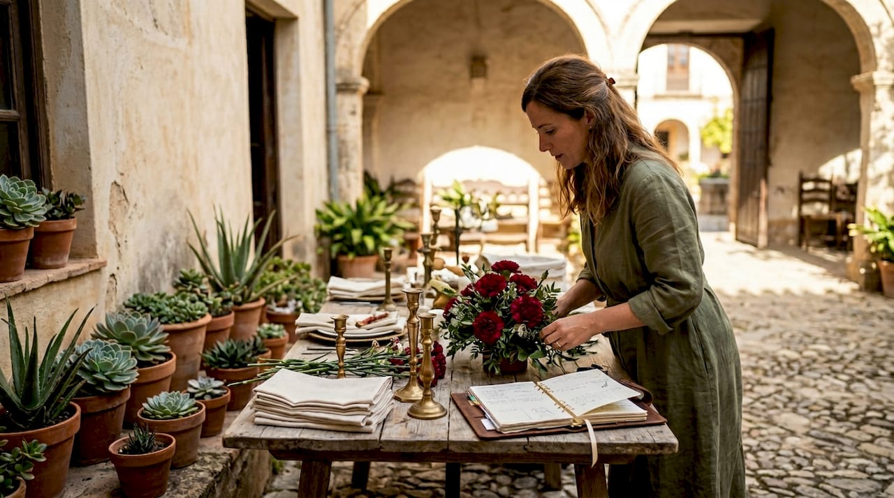 Planner arranges flowers in Spanish courtyard