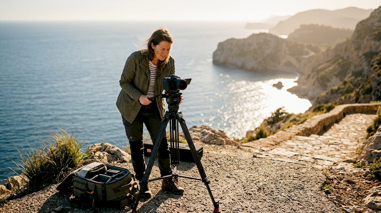 Filmmaker preparing camera above Spanish coast