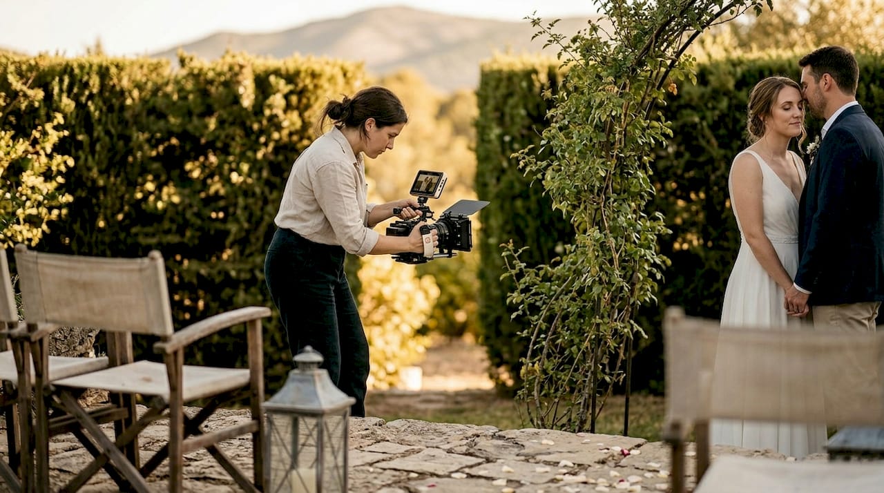 Videographer filming private backyard vow exchange