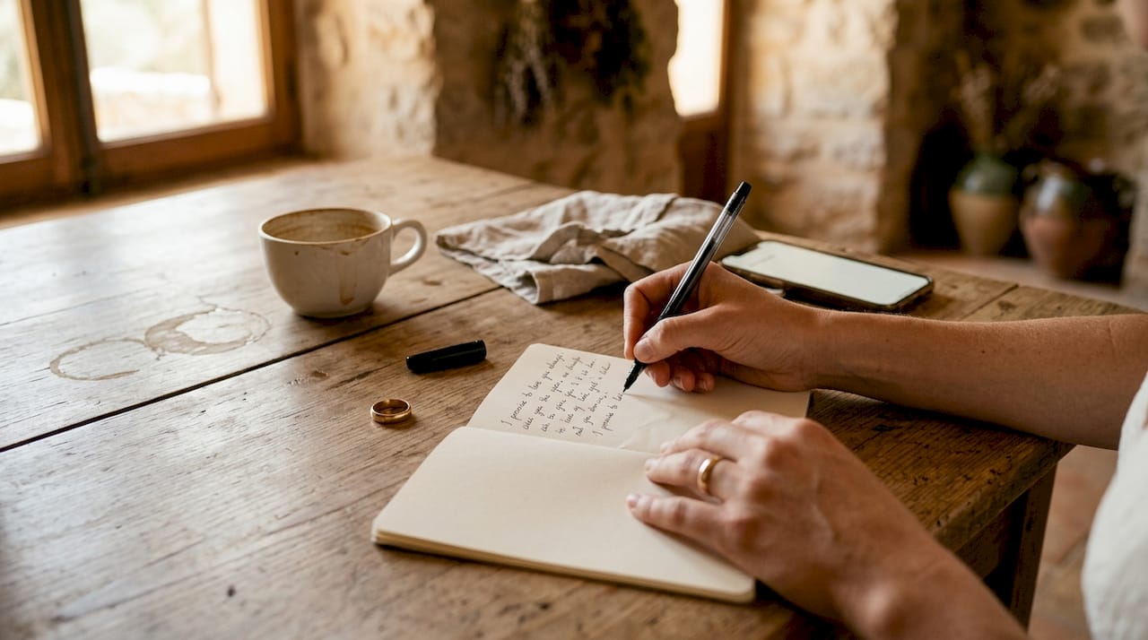 Close-up hands writing wedding vows