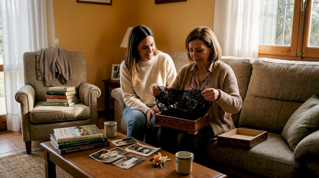 Mother and daughter sharing mantilla wedding veil