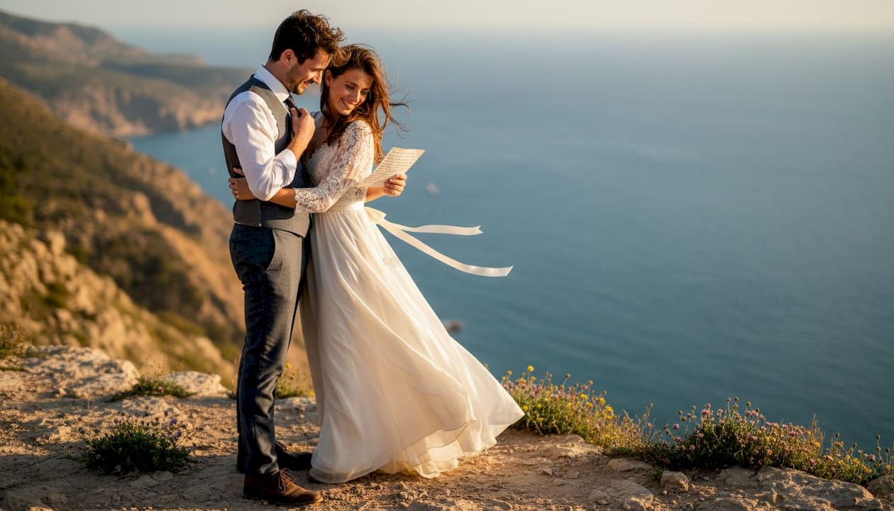 Couple exchanging vows on sunlit cliff