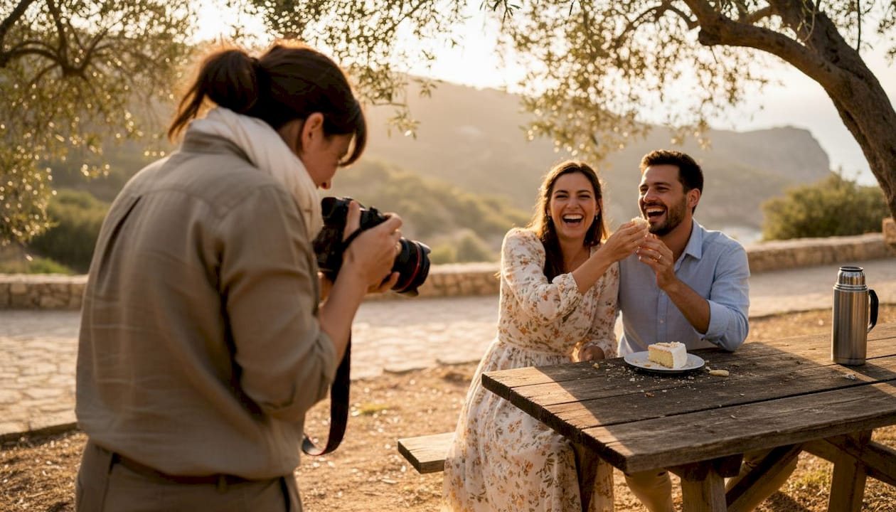 Photographer captures candid wedding moment outdoors