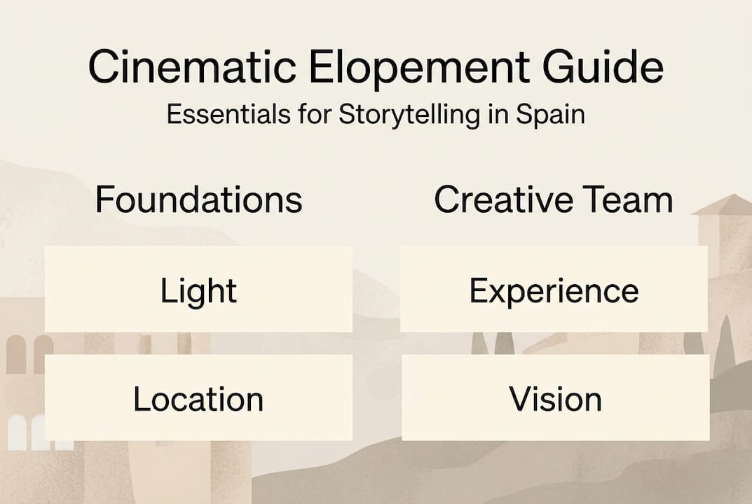 Infographic with cinematic elopement planning essentials
