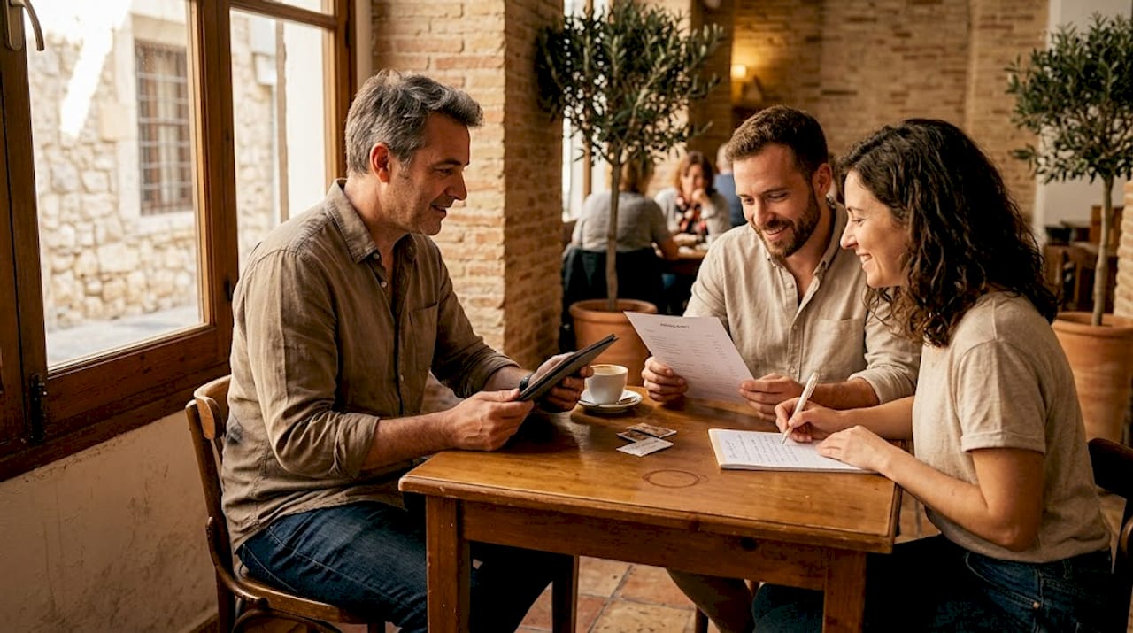 Photographer consulting couple in Spanish café