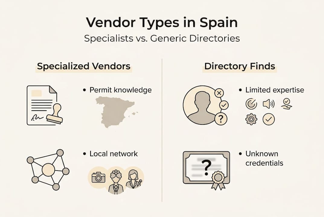 Infographic comparing Spanish elopement vendor types