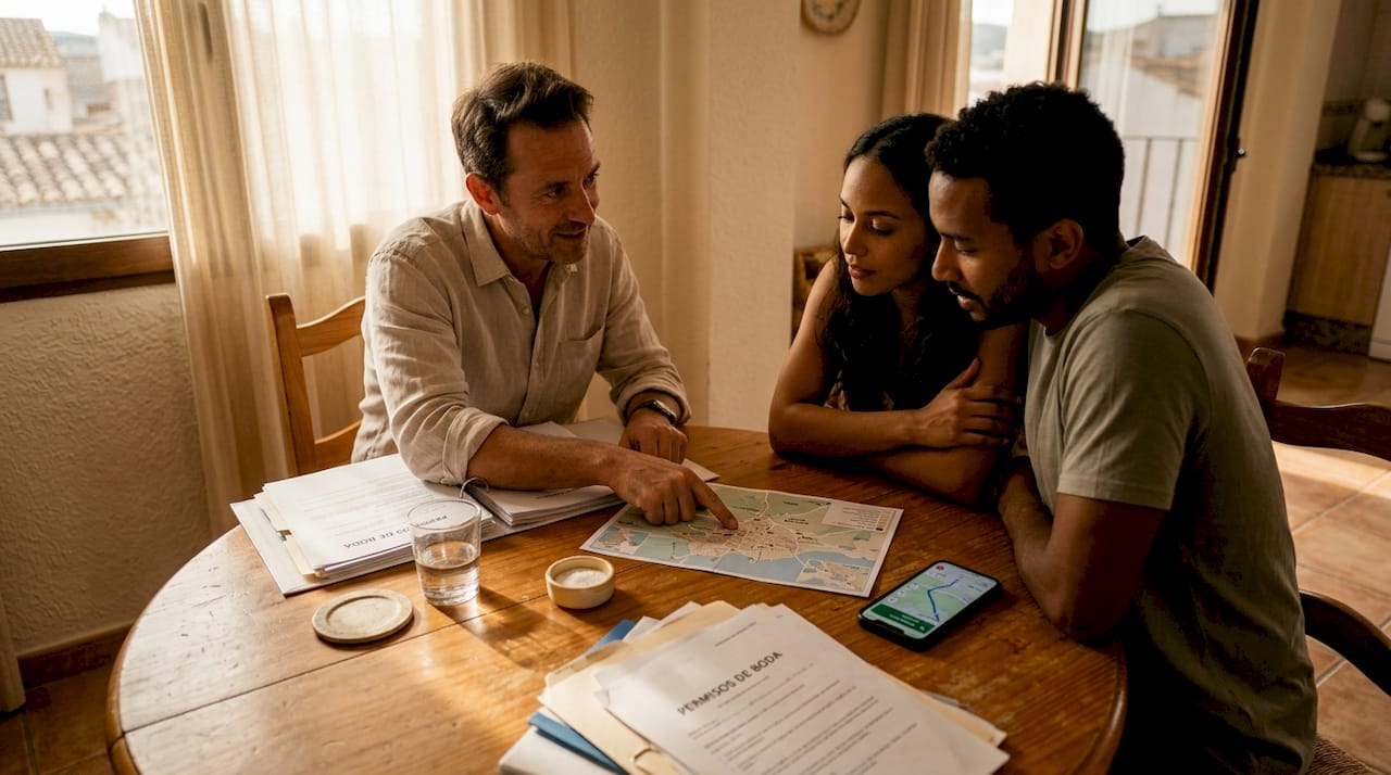 Wedding planner reviews Spain permits with couple