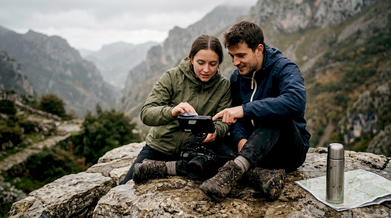 Couple reviewing elopement film on mountain ledge