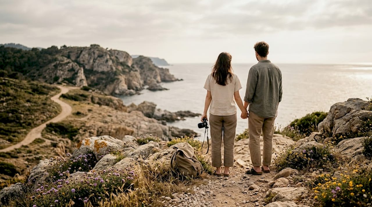 Couple viewing Spanish coastal cliffs