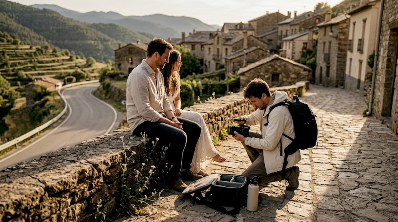 Filmmaker and couple in scenic Spanish village