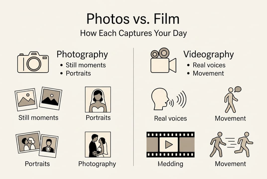 Infographic comparing wedding photography and videography
