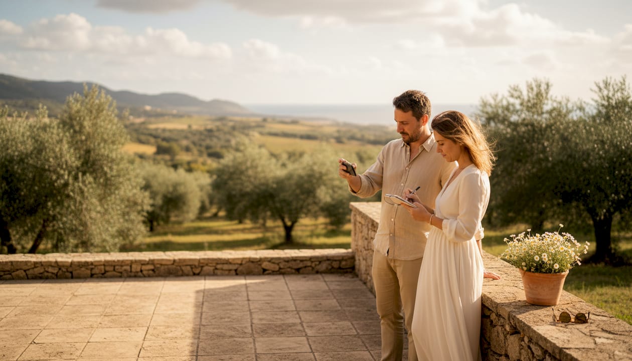 Couple touring Spanish villa wedding venue