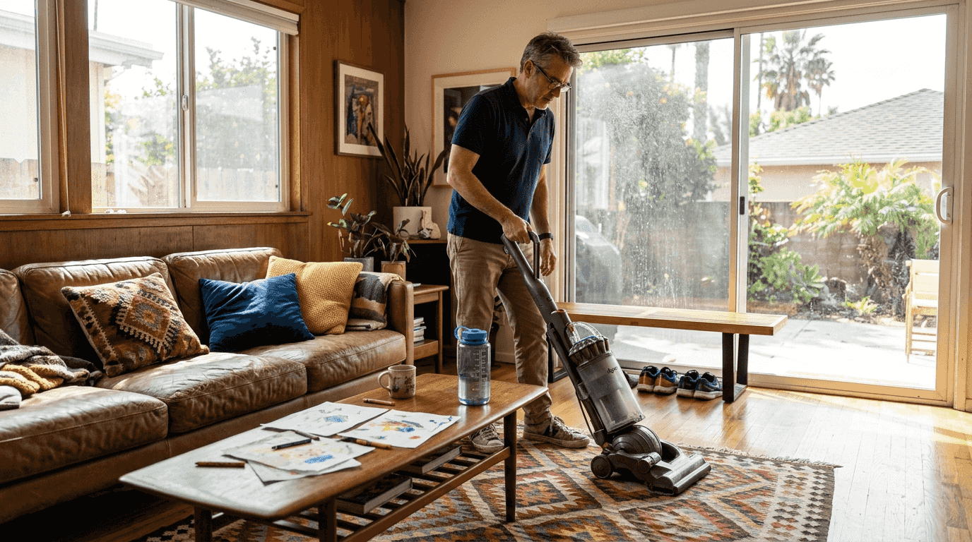 Homeowner vacuuming living room before showings