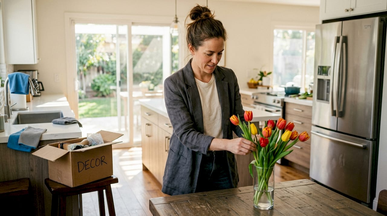 Stager arranging flowers while prepping a kitchen
