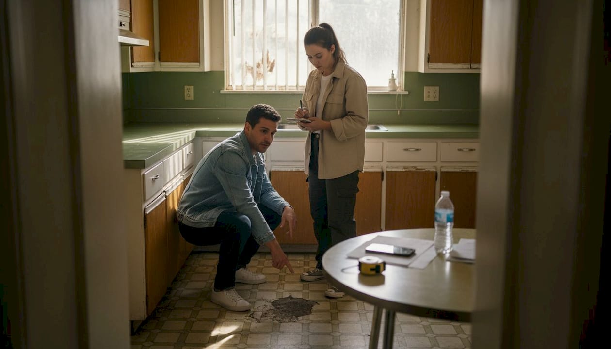 Investors tour older home kitchen for repairs