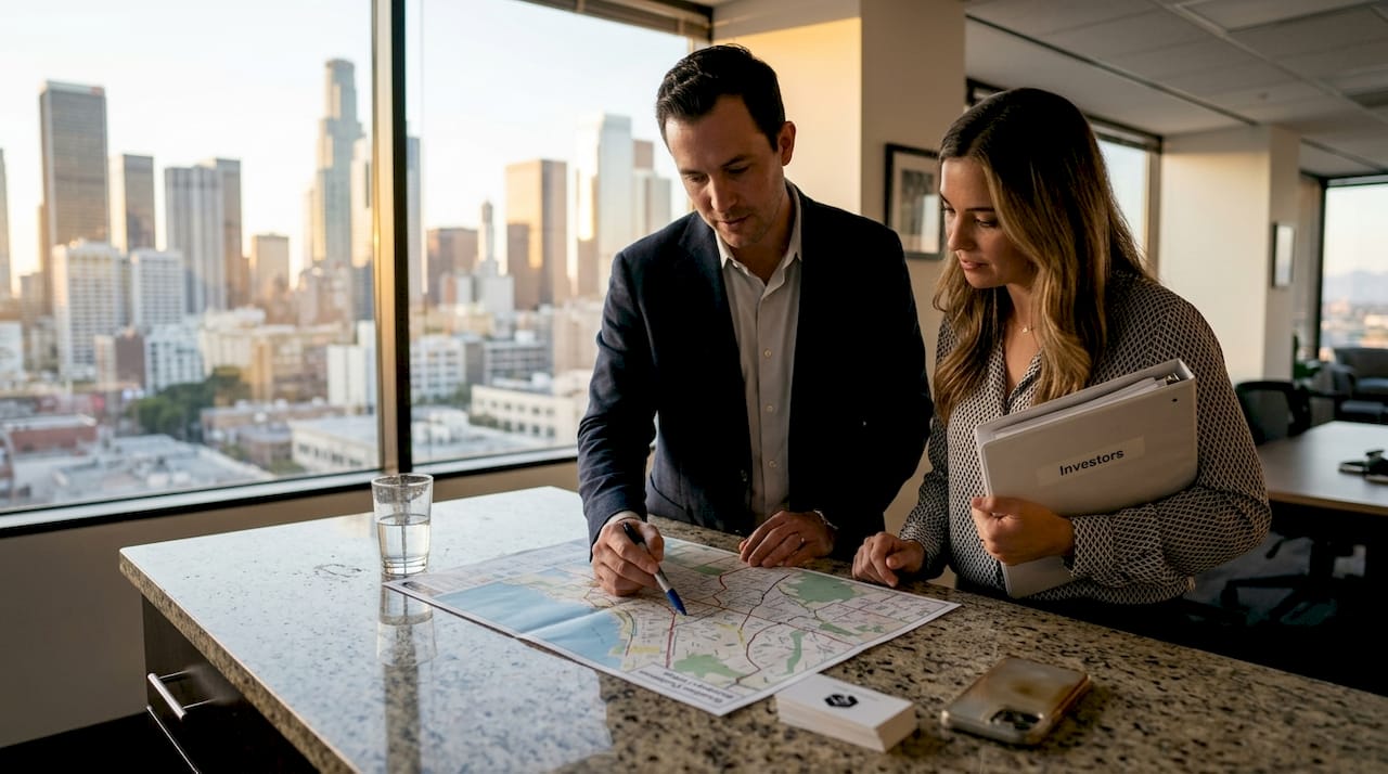 Agents reviewing property map near city window