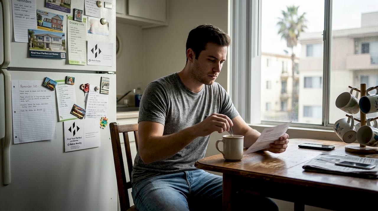 Renter reading renewal letter in apartment