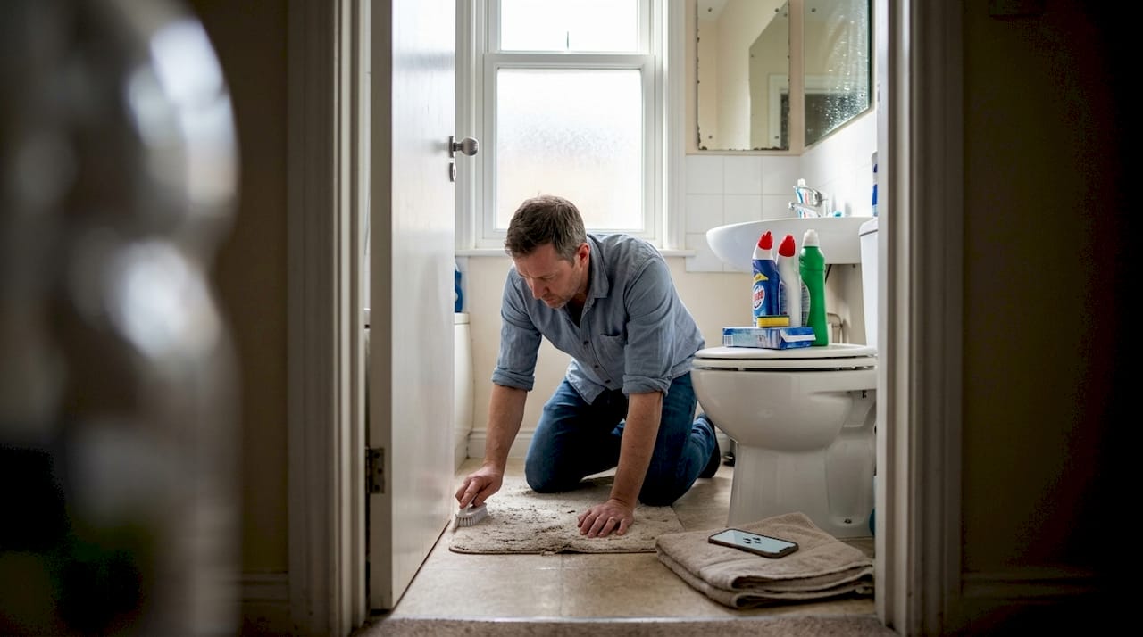 Man deep cleaning bathroom during staging