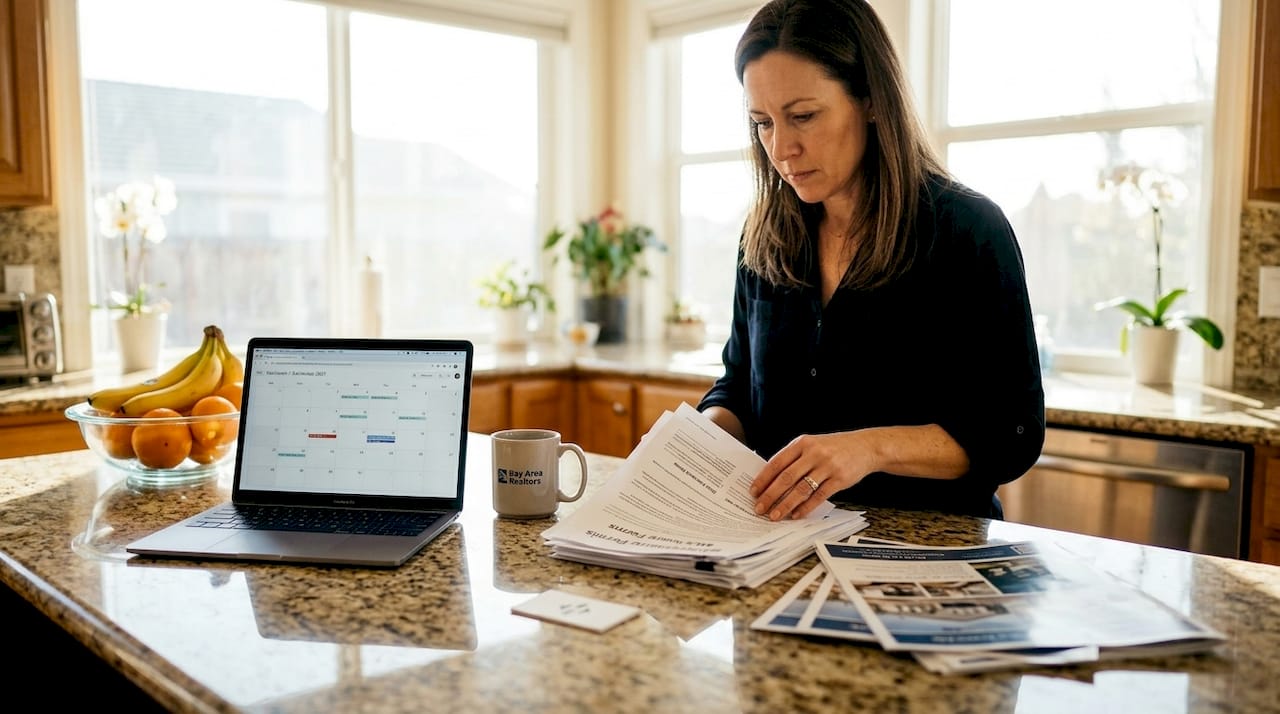 Homeowner sorting paperwork in spring California kitchen