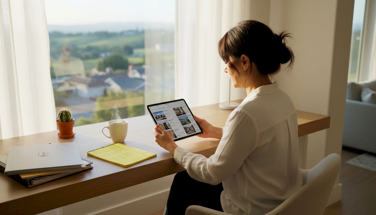 Real estate investor reviewing listings at home office